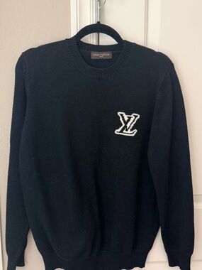 Louis Vuitton Black Crewneck Sweater with White LV Logo Patch